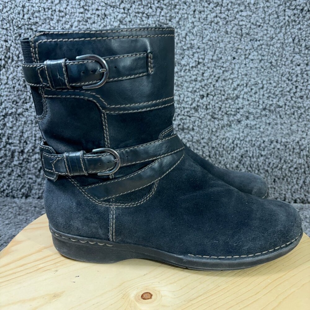 Clarks Whistle Ranch Boots Womens Size 11 Black Suede Strap Biker Moto Buckle - Picture 3 of 8
